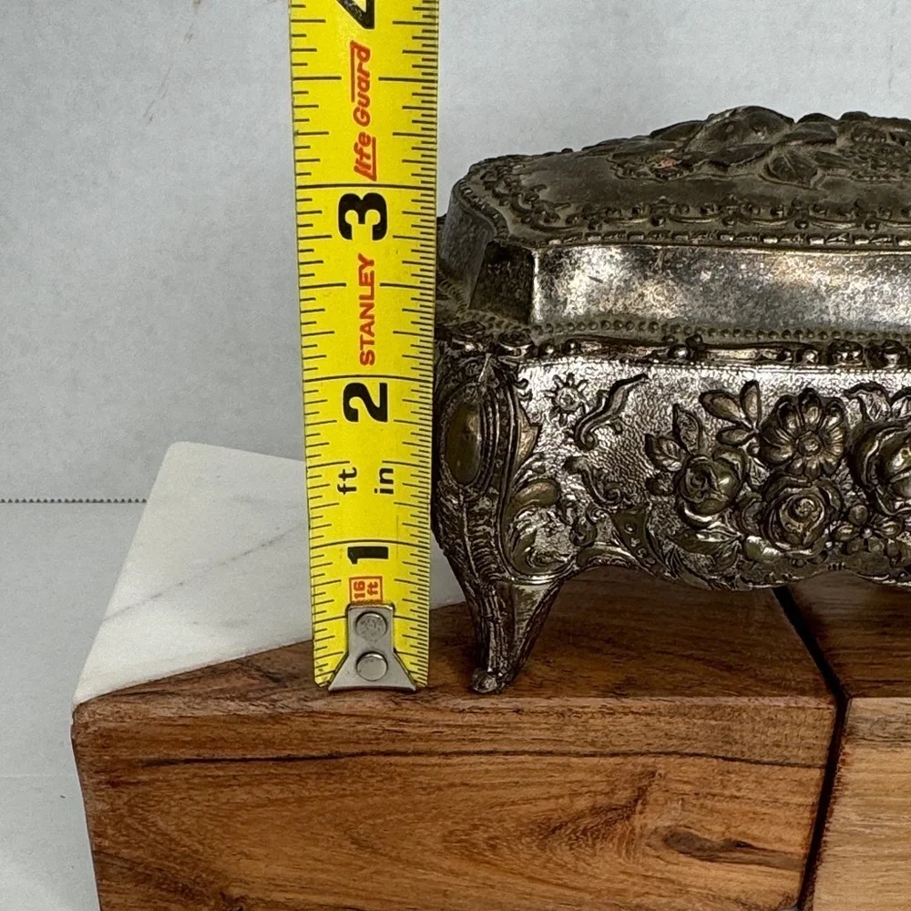 Vintage Ornate Rococo Silver Jewelry Casket with Red Lining